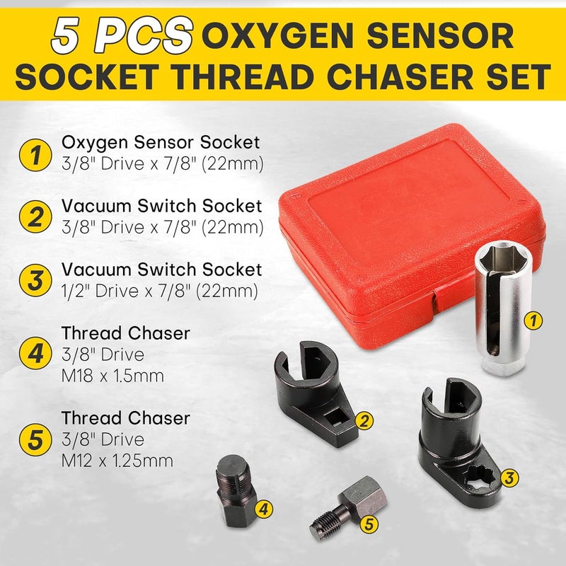 Acymner 5PCS O2 Sensor Removal & Thread Chaser Tool Set | O2 Sensor Socket Set for Automotive Oxygen Sensors, Oxygen Sensor Socket Set, 22mm Offset Wrench with 3/8" & 1/2" Drives (Red) - Image 3